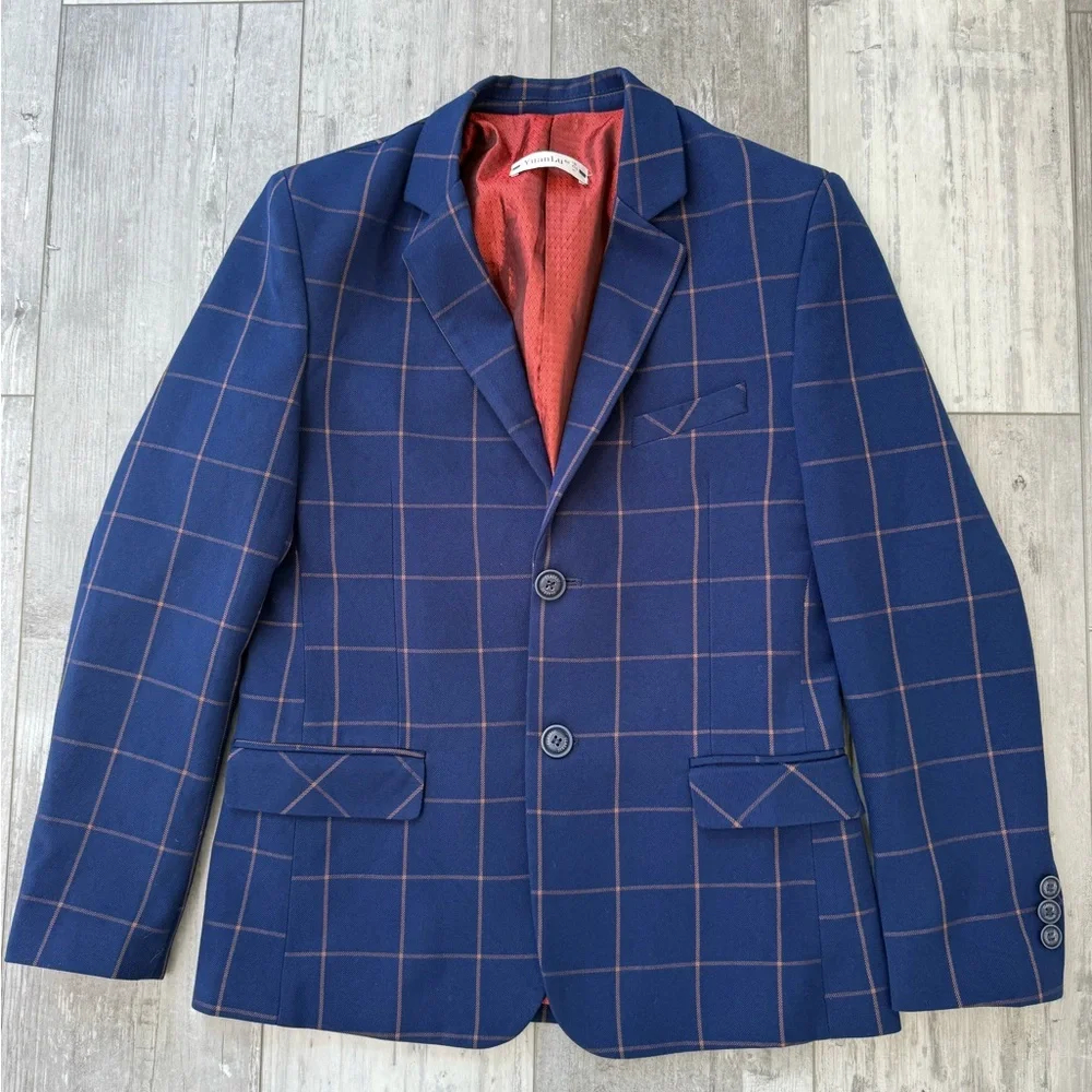 YuanLu Boys Navy Windowpane Plaid Suit Set Jacket Pants Size 12 Formal - Picture 2 of 14